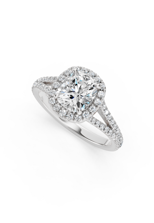 Cushion-Cut Halo Diamond Ring with Split Shank