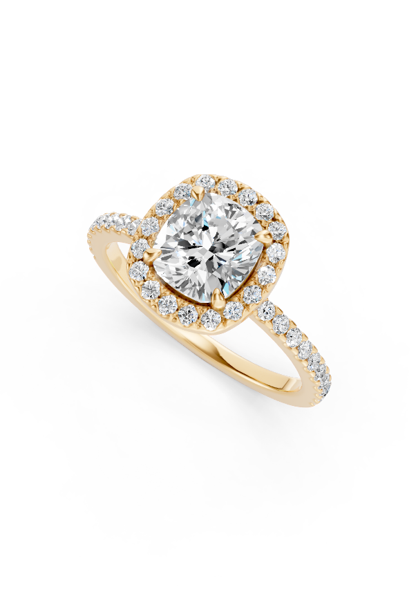 Cushion-Cut Halo Diamond Ring with Diamond Band