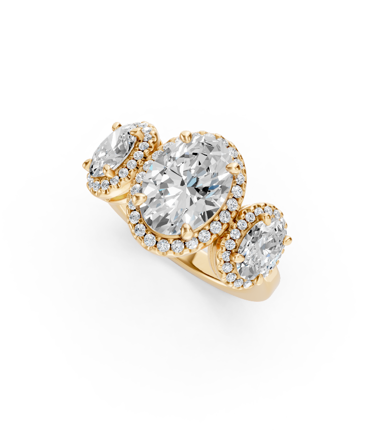 Three-Stone Oval Diamond Ring with Halo Accents